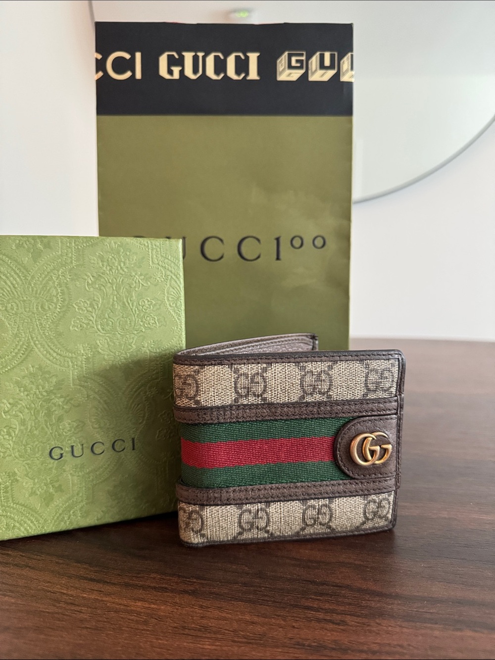 Gucci Men's GG Canvas Bifold Wallet with Green/Red Web and Brown Trim
